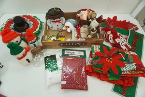 variety of Christmas decor, tree skirt, ornaments and more