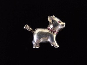 .925 Sterling Silver Small Pink Crystal Piggy Brooch
