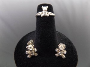 NEW .925 Sterling Silver Childs Bear Post Earring and Bear Ring Set Size 3