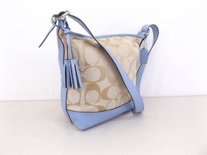 Vintage COACH Signature Jacquard Canvas and Light Blue Leather Trim