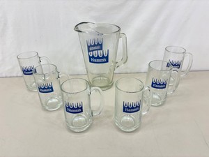 Vintage Glass Hamms Beer Pitcher and 6 Hamms Beer Mugs