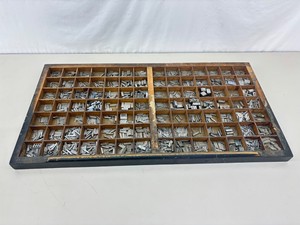 Antique Wood Printers Drawer LOADED with Typesetting Letters, Numbers, and Symbols