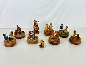 Lot of 9 Vintage Wood Carved Anri Music Boxes and Figurines in Various Conditions