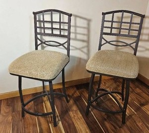 Grid Window Pane Counter Stools Aluminum Frame & Beige Upholstery