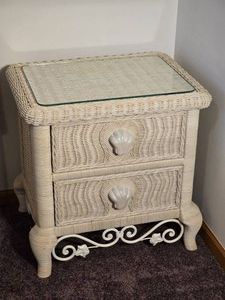 Coastal White Wicker Two Drawer Nightstand with Glass Top