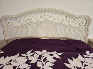 Coastal White Wicker King Headboard with Scrolling Accents