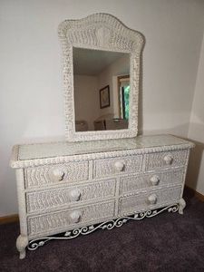 Coastal White Wicker Seven Drawer Dresser with Mirror and Glass Top