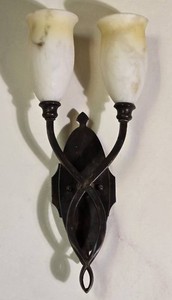 Pair of Double Light Wall Sconces with Alabaster Style Shades