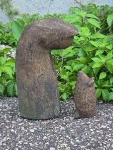 Abstract Stone Cat & Mouse Garden Sculpture Pair