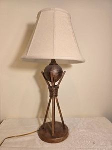 Rustic Bronze Tone Orb Table Lamp with Fabric Shade