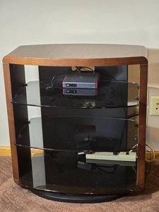 Contemporary Wood and Black Glass Media Stand