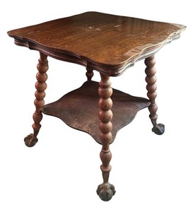LR - Antique Victorian Tiger Oak Parlor Table Glass Ball & Claw Feet