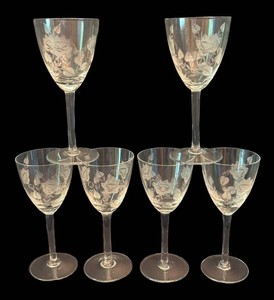LR - Six Vintage Etched Floral Stemmed Wine Glasses