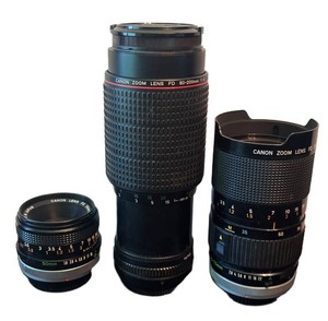 LR - Three Vintage Canon Camera Lens Canon FD 50mm, Canon FD 80-200mm and Canon FD 35-70mm Camera Lens