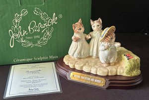 K - Vintage 1999 Beswick Ware Beatrix Potter Mittens, Tom Kitten and Moppet Annual Collectors Tableau Figurine with Base and Box- Model P3792