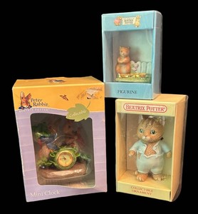 LR - Vintage 1990 Beatrix Potter Tom Cat Ornament, Vintage Timmy Willie Figurine & Vintage Beatrix Potter Peter Rabbit Mini Clock