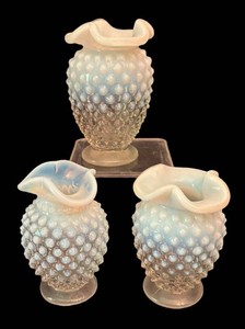 DR - Three Vintage Fenton French Opalescent Hobnail Petite Vases