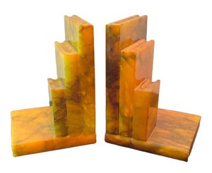 LR - Vintage Alabaster Bookends Art Deco Stacked Book Design