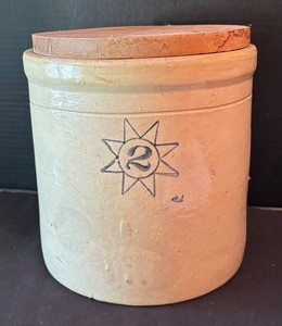 LR - Vintage  2 Gallon Salt Glazed Stoneware Crock With Wooden Lid