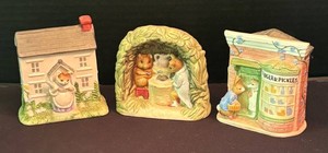 LR - Three Vintage 1990 Schmid Beatrix Potter figurines including a Vintage Schmid Beatrix Potter Ginger & Pickles Figurine