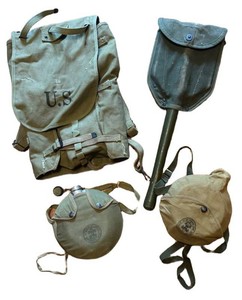 BR1 - Vintage Military and Boy Scout Backpack, Canteens & Shovel