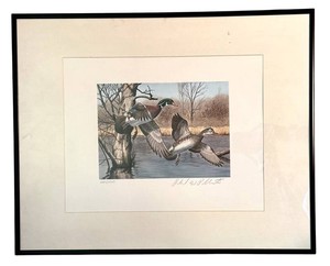 O - Framed Signed Richard Plasschaert Wood Ducks 1983 NH Waterfowl Stamp Print 30835507