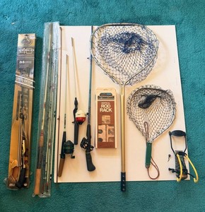 Fishing Rods, Nets & Rod Rack Mixed Lot Zebco 33 Anniversary