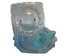 Vintage Blue Glass Vanity Tray & Shoe Figurine