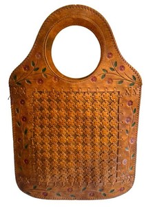 Vintage Tooled Leather Handbag Handwoven Basketweave