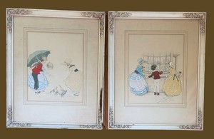 Vintage Framed Lithograph Pair Gladys T. Gibbs Duckin the Rain & Threes a Crowd