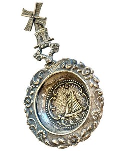 O - Antique Silver Repouss Tea Strainer Sailboat