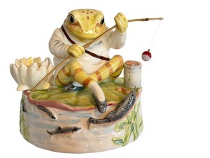 LR - Vintage Schmid Porcelain Music Box Mr Jeremy Fisher  Vintage Beatrix Potter Mr. Jeremy Fisher Music Box
