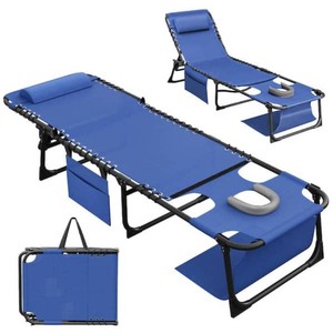 Tozey Metal Folding Outdoor Chaise Lounge with Face Hole, 5-Position Reclining Portable Patio Chair, Blue