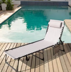 VEIKOUS Folding Chaise Lounge Chair with Pillow and Side Pocket, Fully Reclining Outdoor Chair, Beige