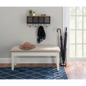 Emma Wood Frame Hinged Top Taupe Fabric Seat Storage Bench Tan - Powell Upholstered Entryway Ottoman with Foam Cushion
