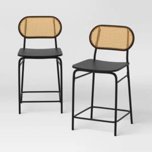 Set of 2 24 Wicker Back Metal Counter Height Barstool with Footrest Black - Room Essentials