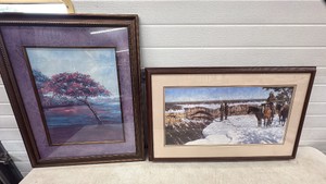 Pair Of Framed And Matted Print Horses And Tree