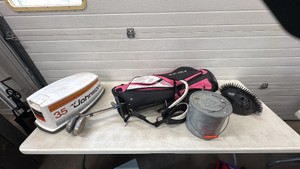 Vintage Minnow Bucket, Bike Helmet, Golf Clubs With Case And 35 Hp Johnson Motor Top