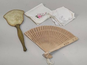 Vintage Handkerchiefs, Mirror & Wood Fan