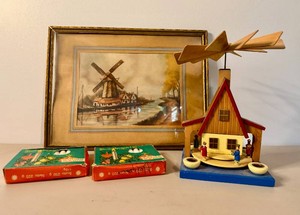 Christmas Advent House with Windmill, Candles and Vintage Print