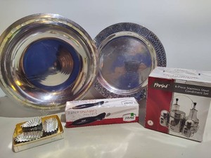 Silver Tone Serving Platters, Condiment Set & Carving Knife New in Box & Small Tins