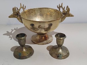 Silver Tone Reindeer Handle Bowl & Two Candlesticks