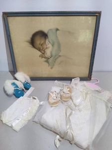 Vintage Christening Gown, Baby Moccasins & Sleeping Baby Artwork