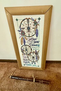 Native American Embroidered Rain Catcher Decor and Wooden Flute