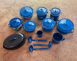Assorted Blue Enamel Stock Pots and more