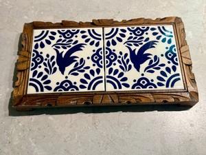 Vintage Dal-Tile Mexican Tile Trivet with Carved Wood Base