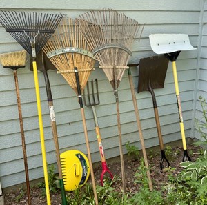 Lot of Rakes, Shovels and Various Garden Tools