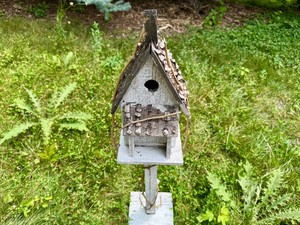 White Rustic Bird House on Stand