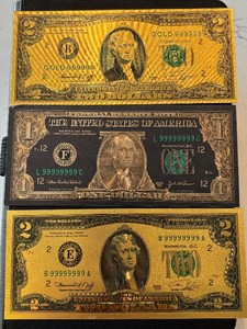 24K Gold Foil $1 and $2 Dollar Notes