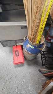 Cream Can w Dowels, Yardsticks, and Tool Box